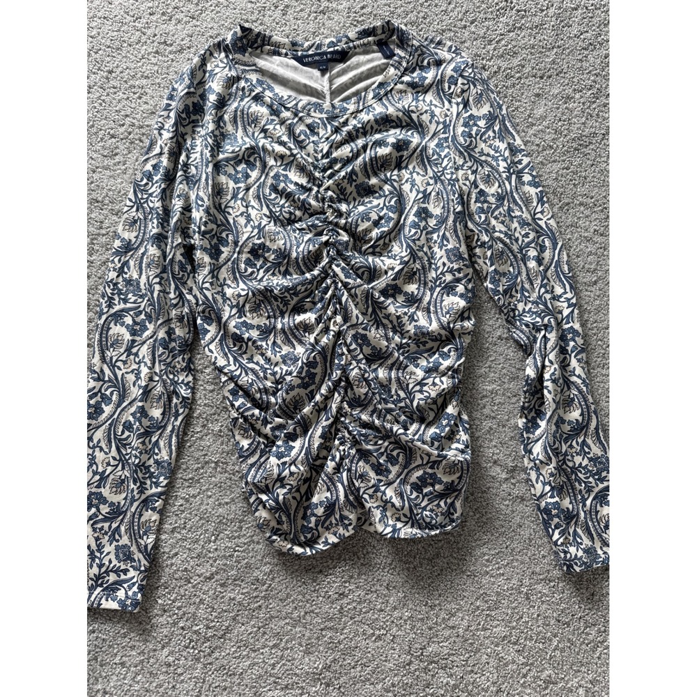 Veronica Beard Palma Floral Paisley Ruched Top Dove Multi Blue Cream Size M